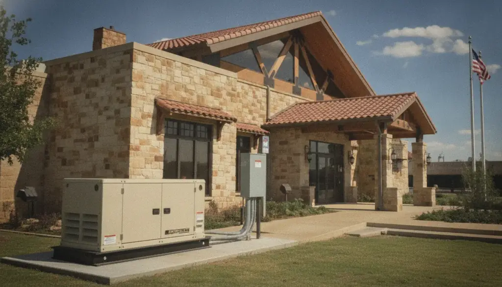 Standby generator in a weatherproof enclosure on a concrete pad beside a building